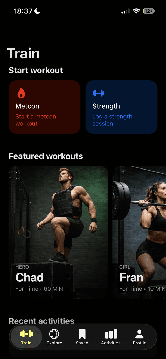 TopWOD Train Screen - Start workouts and browse featured WODs